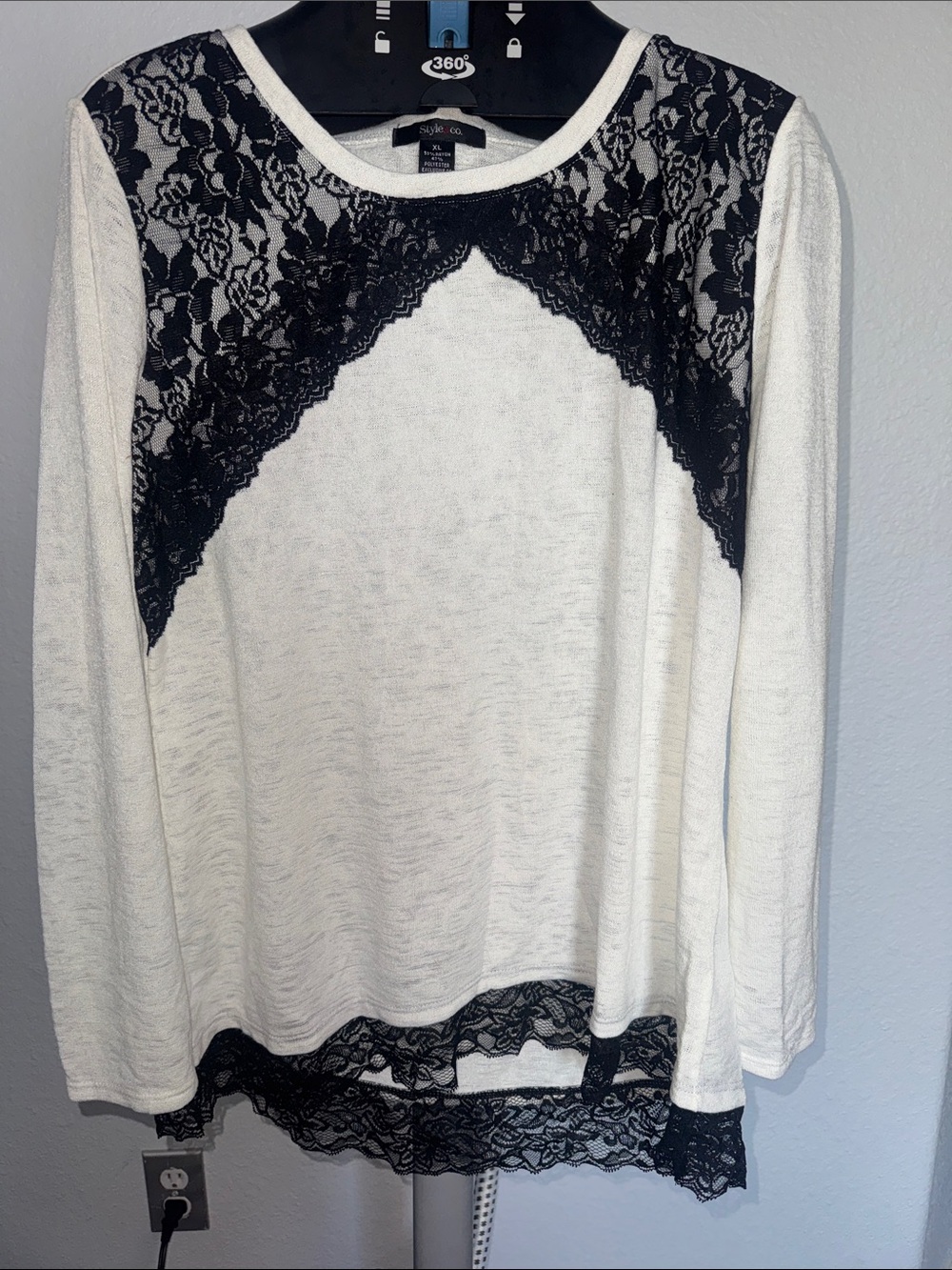 Style & Co. White Long Sleeve Top with Black Lace Trim